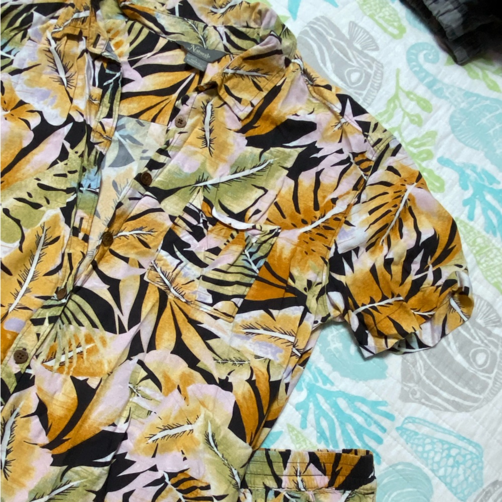 Tropical Leaf Print Shirt and shorts set